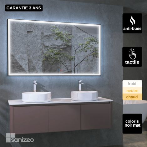 Miroir Salle de Bains Lumineux SUIZA Anti-Buée et Éclairage Frontal Triled Tactile On/Off Noir Mat 140x60cm by SANIZÉO (1/5)
