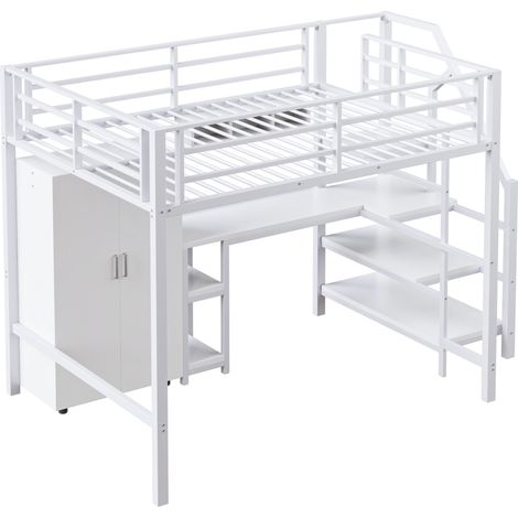 Lit mezzanine 140 x 200 cm avec armoire, étagères, escalier de rangement et bureau, blanc (1/5)