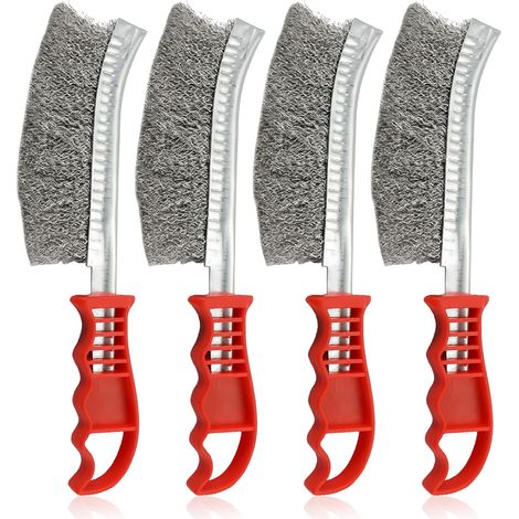 Lot de 4 - Brosse métallique - Acier inoxydable - Nettoyage rouille et soudure - Poignée incurvée ergonomique - Atelier et barbecue - Argent - 24x12,5cm (1/5)