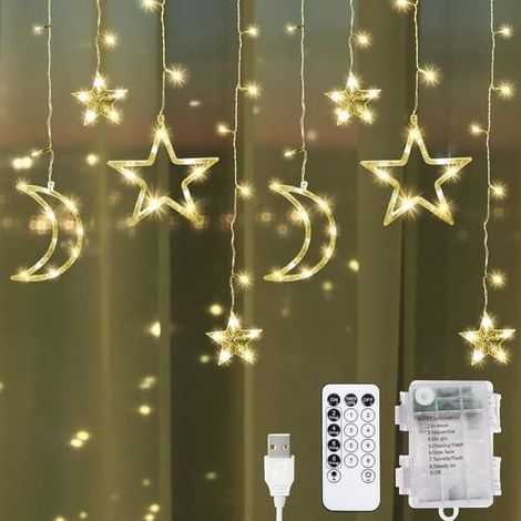 Rideaux avec étoiles et lunes à piles - Guirlande lumineuse de Noël  Guirlande féérique avec 8 modes d'éclairage et fonction mémoire (1/5)