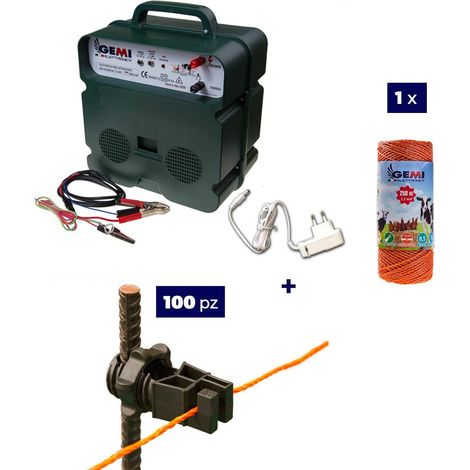 Kit completo per recinto elettrico con 1 x Elettrificatore B12 a doppia alimentazione 12 V / 220 V + 1 x Filo 250 MT 2.2 Mm² + 100 pezzi isolatori per paletti in ferro - Recinzione Elettrica per anima