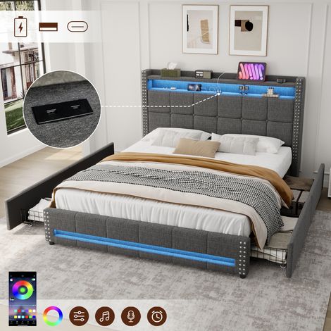 4ft6 Double Upholstered Bed with 4 Storage Drawers, LED Rivet Storage Bed with Charging Station, Button Tufted Headboard with USB and Type-C Ports, Linen, Grey (No Mattress)