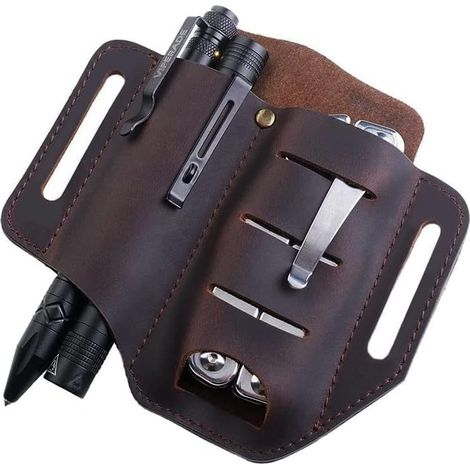 Funda de cuero EDC para herramientas, riñonera, para guardar linternas, navajas multiusos Leatherman, alicates, bolígrafos y más - Marrón