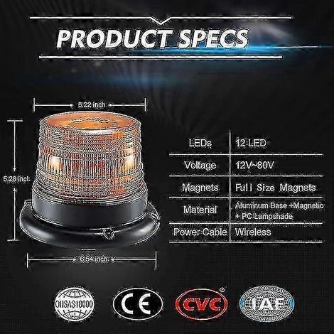 LED-Drehwarnleuchte mit Magnet, orange, für Auto, LKW, 12 V, Warnleuchte, Blitzlicht, Stroboskopleuchte (gelb) (1/4)