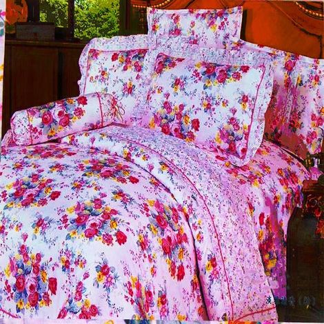 Parure de lit élégante en satin - Fleurs blanches sur fond rose (1/3)