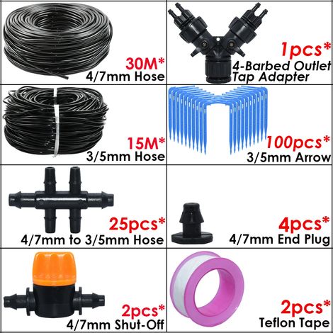 (SPL11-283B-30M) Kit d'irrigation goutte à goutte automatique avec coude vert pour tuyau de 4/7 à 3/5 mm, idéal pour les plantes en pot et les bonsaïs.