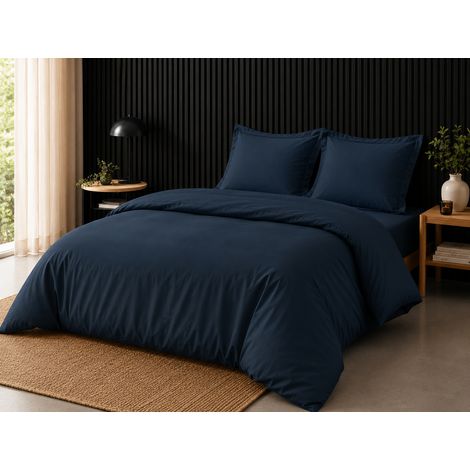 Pack complet housse de couette 240 x 220 cm en percale 78 fils + drap housse 140 x 190 cm Bleu nuit (1/5)