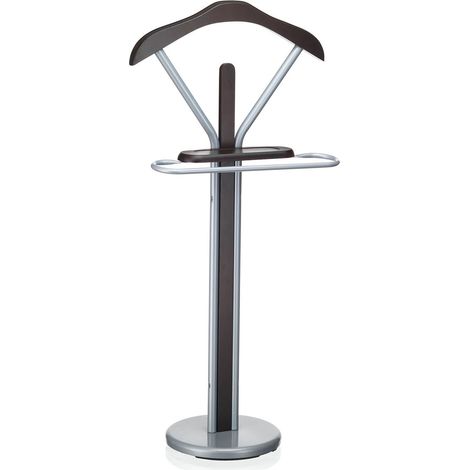 Idimex – Valet de chambre en métal laqué et MDF wengé – Cintre pour veste et chemise – Tablette vide-poche pratique – Socle rond stable