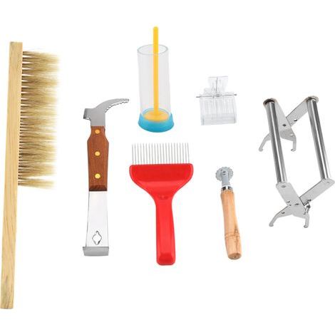 7pcs Kit D'outils Apiculteurs pour les Ruches D'abeilles Apiculteurs, Pinceau D'abeille, Fourche Non Appuyée, Porte-cadre, Outil de Gratte-ruban, Emboutier de Fil, Capteur (1/5)