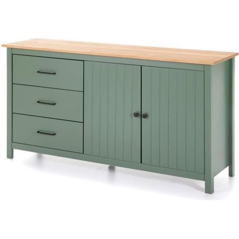 Buffet 2 portes 3 tiroirs 150x40x80 cm vert et naturel - BLUZA (1/5)