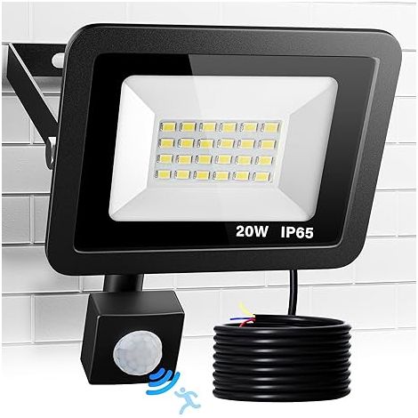 Projecteur LED 20W 2000lm avec Détecteur de Mouvement, Lumière Blanche Froide 6500K, Étanche IP65, Applique Murale Extérieure pour Jardin Garage
