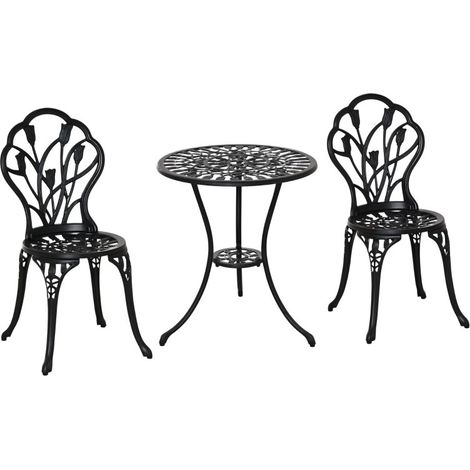 Ensemble bistrot de jardin trois pièces en aluminium à motifs floraux, couleur noire, parfait pour profiter de vos espaces extérieurs (1/5)