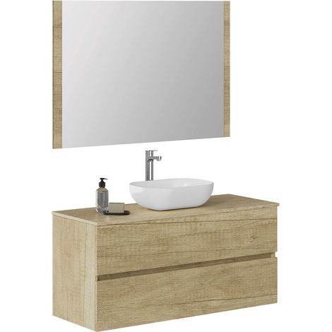 Meuble de Salle de Bain Onyx. Meuble monté, 2 tiroirs, Armoire murale, lavabo en céramique, Miroir 120 cm Nature. (1/5)