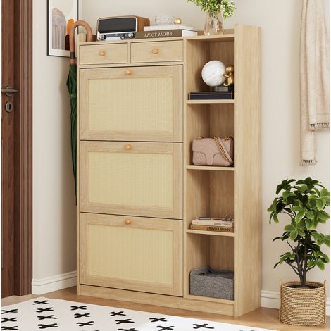 Scarpiera 90x24x130 cm con 3 ante a ribalta, 2 cassetti e ripiani laterali, in truciolato, colore naturale (1/5)