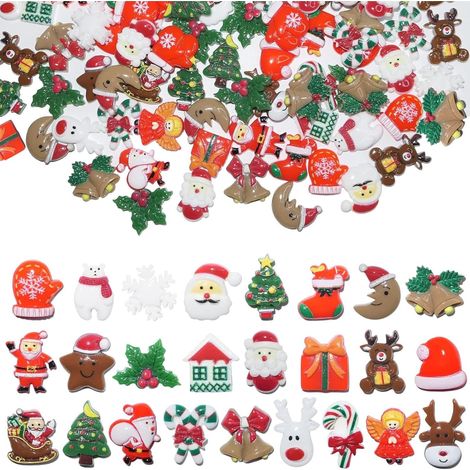 100 Pièces Mini Decoration de Noël Petites Décorations en Résine Père Noël Bonhomme de Neige Flocon de Neige DIY Miniature Ornements (Aléatoire) (1/5)