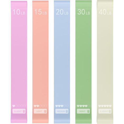 Confezione da cinque fasce elastiche per esercizi, fasce elastiche per Pilates per fisioterapia e yoga, fasce elastiche per movimenti su fianchi e gambe (10 libbre, 15 libbre, 20 libbre, 30 libbre) (1/4)
