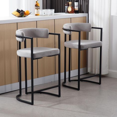Barhocker 2er Set Samt mit Rückenlehne und Armlehnen, grau, 66cm Sitzhöhe (1/5)