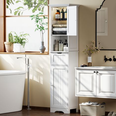 Meuble colonne salle de bain avec éclairage led 2 portes blanc tiroir meuble de rangement étroit 40x30x170cm style élégant