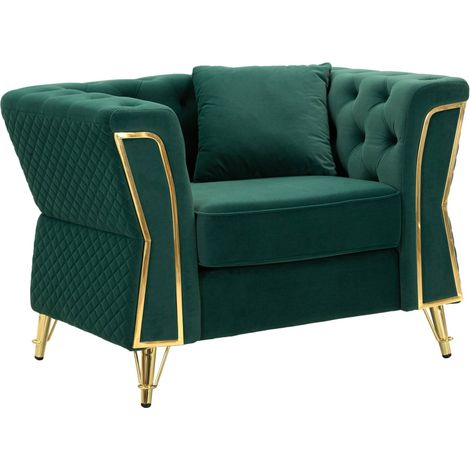 Dmora - Poltrona Gabbiano, Seduta imbottita, Divano singolo da salotto, Sedia con braccioli, 104x83 h76 cm, Verde e Oro