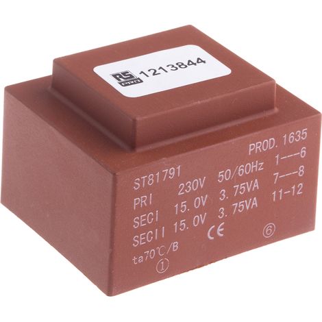Transformateur pour circuit imprimé, Vin V c.a., Vout 2 x 15V c.a., 2 sorties, 7.5VA ( Prix pour 1 ) (1/2)