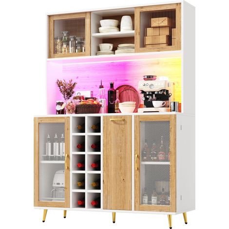 Buffet vaisselier de cuisine 120cm avec led & prise intégrée, armoire de rangement avec casier à vin, buffet haut 5 portes - blanc & effet bois (1/5)