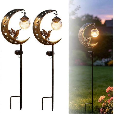 Lampe solaire jardin Colibri Lune décorative LED demi-lune allée globe verre craquelé croissant métal étanche extérieur lot de 2 (1/5)
