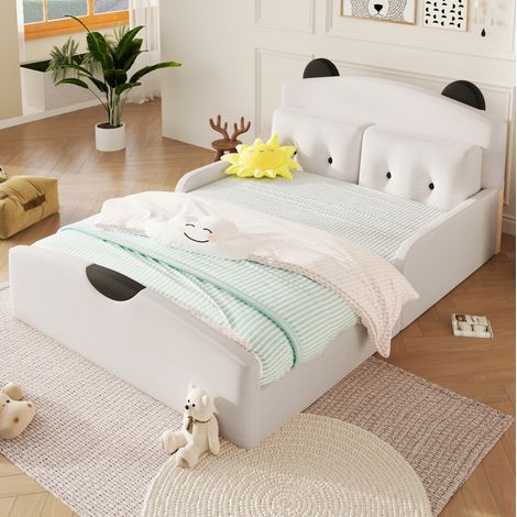 140x200 Plattformbett mit gepolstertem Bär-Kopfteil, weiß, OKMYHOME (1/5)