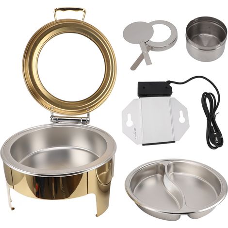 Buffet chauffe-plat doré à couvercle transparent 6L acier inoxydable, service traiteur pour hôtel, 2 demi-bacs, prise EU 220‑240V (1/5)