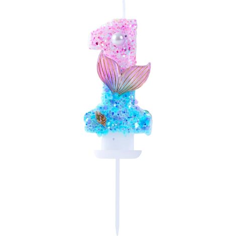 Bougie d'anniversaire en forme de chiffre 1 Paillettes roses et bleues avec perle coquillages et queue de poisson Thème océan Décoration de gâteau pour fête (1/5)