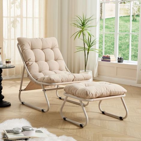 Fauteuil de Jardin Ottoman Fauteuil Inclinable Assise Sling Coussin Moelleux Repose-Pieds Cadre Beige Coussin Beige (1/5)