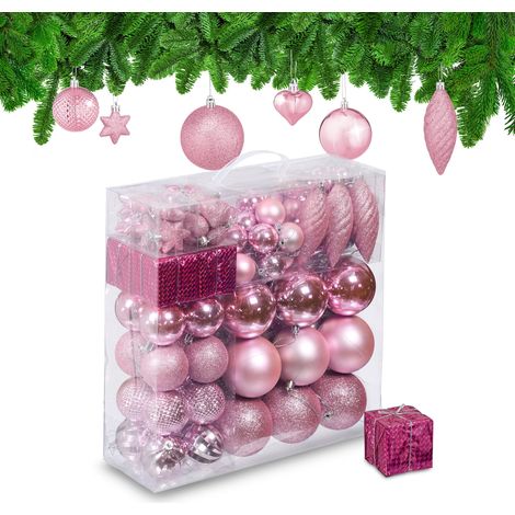Relaxdays Set da 110 Palline di Natale, Addobbi Natalizi, Palle Opache, Lucide, Glitter, in Plastica, Decorazioni, Rosa