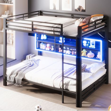 MEUBLIV Lit superposé 140x200 cm noir – avec 6 rangements LED, sans matelas (1/5)