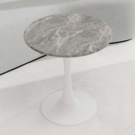 Table d'appoint ronde Ø70cm – Plateau imitation marbre Gris veiné doré – Pied tulipe métal Blanc – Style moderne pour salon et salle à manger (1/5)