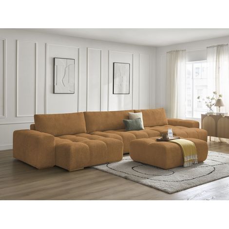 BOBOCHIC - Canapé panoramique convertible coffre ANAKIN tissu bouclette avec pouf   Jaune (1/5)