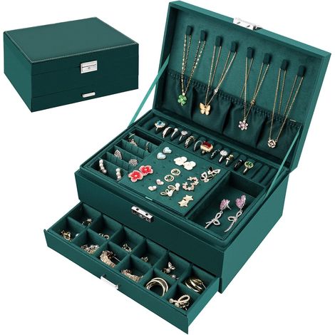 Boîte à bijoux pour femmes et filles, en velours, à trois compartiments, avec serrure, grande capacité, idéale pour ranger colliers, boucles d'oreilles et bracelets.