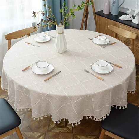 Runde Tischdecke mit Quasten, kariert, 160 cm, Baumwoll-Leinen-Mischung, pflegeleicht