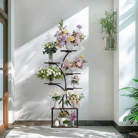 Support à plantes en forme d'arbre à 7 étages, étagère de rangement pour pots de fleurs, présentoir à plantes en métal pour terrasse et salon.