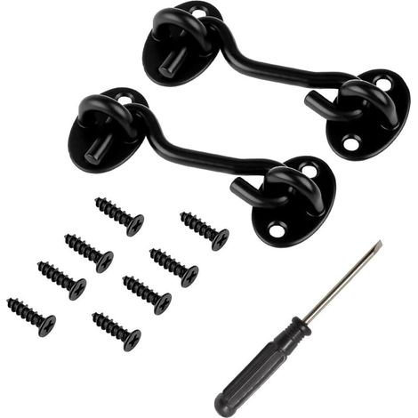 Lot de 2 crochets tempête avec œillet, petits crochets de cabine avec tournevis, crochets de cabine en acier inoxydable noir mat, petits crochets vintage pour porte, loquet de porte, crochet de cabine (1/4)