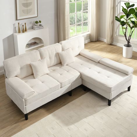 Sofá esquinero modular 3 plazas con chaise longue y puff móvil, chenilla beige claro DESVIAE (1/5)