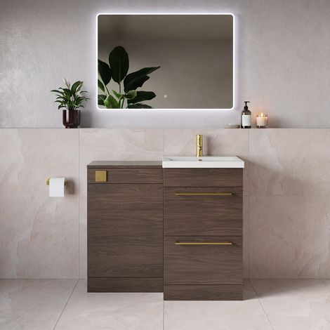 Napoli 390 Brown Oak 1000mm 2 Drawer Vanity Unit Toilet Suite with Glide Basin - 1000mm - Brushed Brass 320mm HandleWithout Kingston Toilet Pan