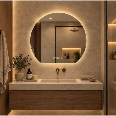 MODFU – Miroir mural LED verre et métal – Dimmable, antibuée, heure et température – 3 couleurs, IP44 – Salle de bains – Argenté (1/5)