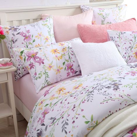 Parure de lit réversible avec Housse de Couette et 2 taies d'oreiller Motif Floral et Feuilles pour Grand lit Rose Gris Vert (1/5)