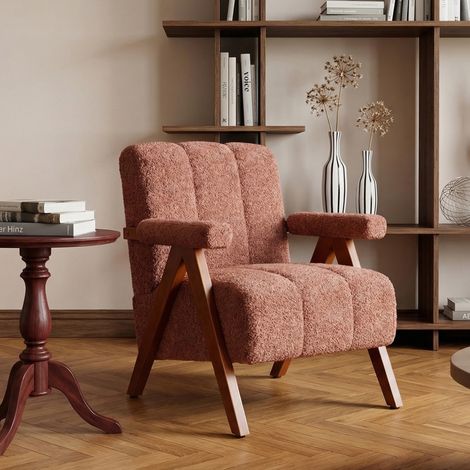 Sessel 68x61x35 cm rostrot aus Massivholz und Bouclé mit Armlehnen und Retro-Stil (1/5)