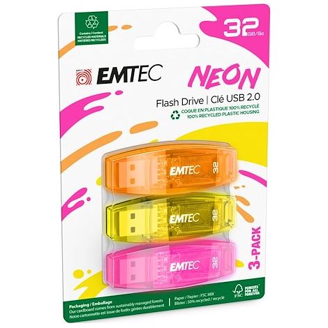Pack de 3 clés USB A Emtec C410 néon 32 Go (1/4)