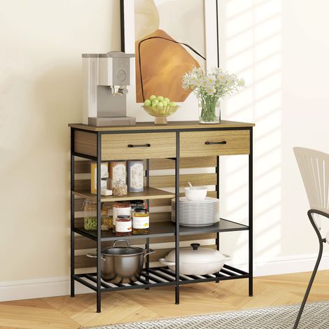 Buffet de cuisine, meuble de rangement avec 2 tiroirs et 3 étagères ouvertes, 90 x 40 x 91 cm, bois naturel et noir (1/5)