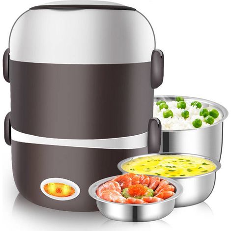 Boîte lunch électrique 3 compartiments inox, chauffe riz, bureau, secteur, isolation thermique. (1/5)