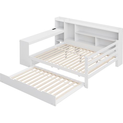 Lit banquette 140x200 bois massif avec bureau et étagères, lit double multifonction blanc avec lit gigogne et prises USB (1/5)