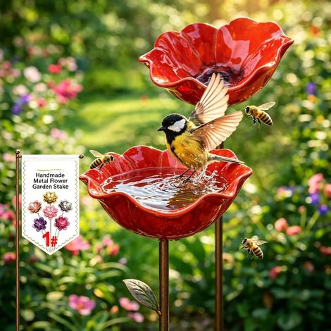vaschette per uccelli in metallo con fiori, spiedini da giardino fatti a mano, vaschette per uccelli resistenti all'inverno e acqua per insetti, bavaglini da giardino e patio 2 pezzi (1/5)