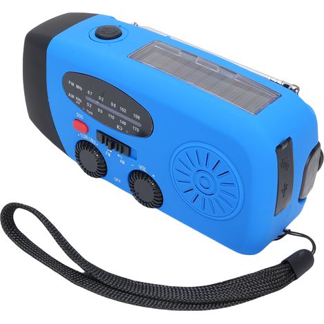 Radio d'urgence solaire avec manivelle et charge Type-C, radio portable AM FM, batterie rechargeable 2000mAh, alarme SOS et lampe torche pour camping randonnée panne de courant bleu version européenne (1/5)
