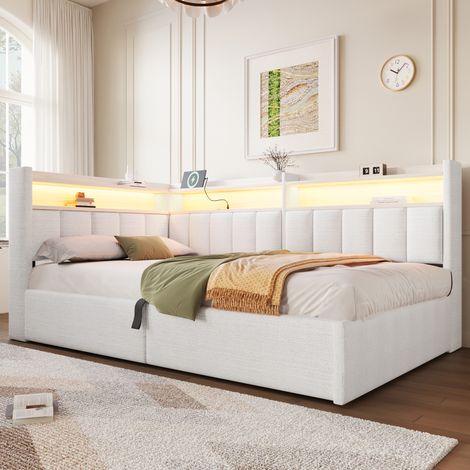 Lit banquette coffre 90 x 200 cm, rangement hydraulique, module latéral réversible, LED et port USB, sans matelas, velours, blanc crème (1/5)